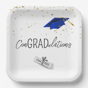 2025 Graduation Gold Confetti and Blue Cap Paper Plates
