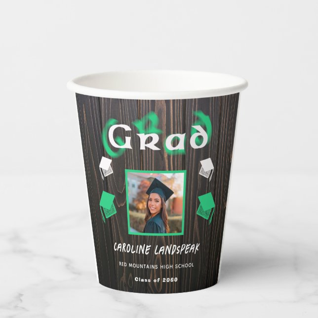 2025 Graduation Green Blurred Text & Photo Paper Cups (Front)
