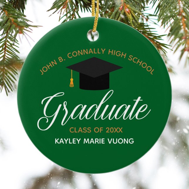 2025 Graduation Green Gold Custom High School Name Ceramic Ornament (Creator Uploaded)