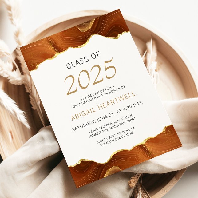 2025 Graduation Party Burnt Orange Gold Agate Invitation (Creator Uploaded)
