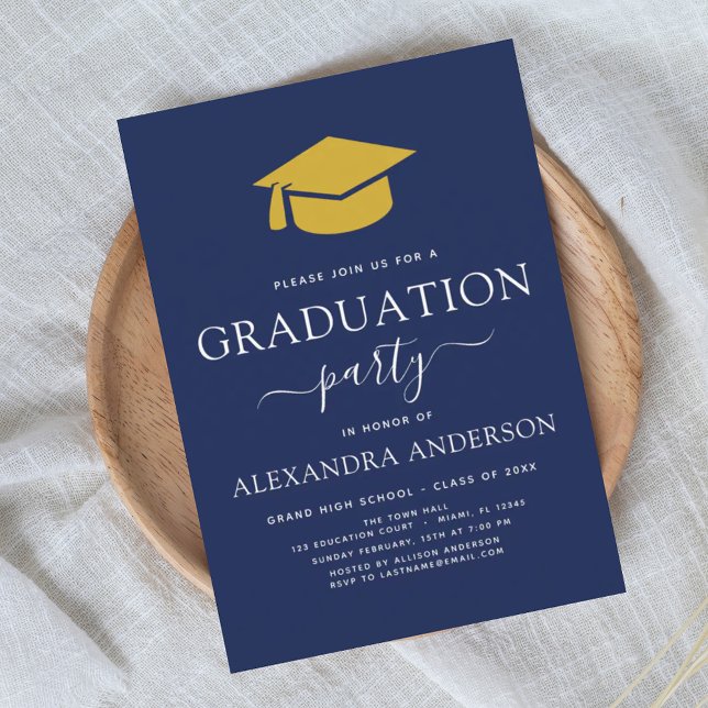 2025 Graduation Party Navy Blue Gold Elegant Invitation (Creator Uploaded)