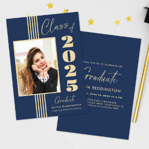 2025 Graduation Party Navy Gold Photo Frame Invitation