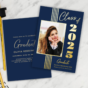 2025 Graduation Party Photo Frame Navy Gold Foil Invitation