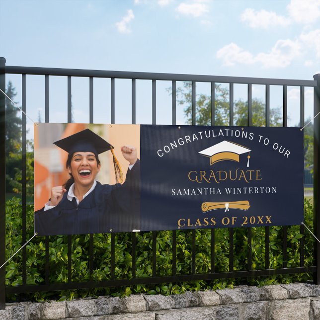 2025 Graduation Photo Navy Blue Gold Grad Banner (Creator Uploaded)
