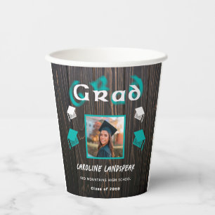 2025 Graduation Teal Blurred Text & Photo Paper Cups