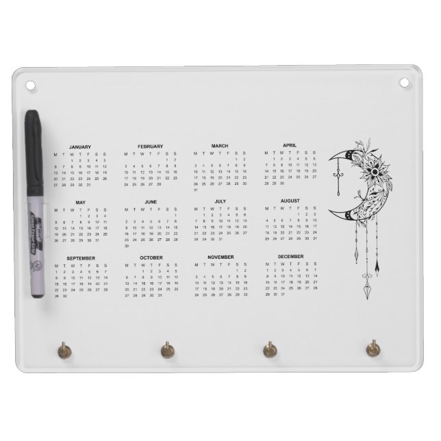 2025 Gray Boho Moon Calendar Dry Erase Board With Keychain Holder (Front)