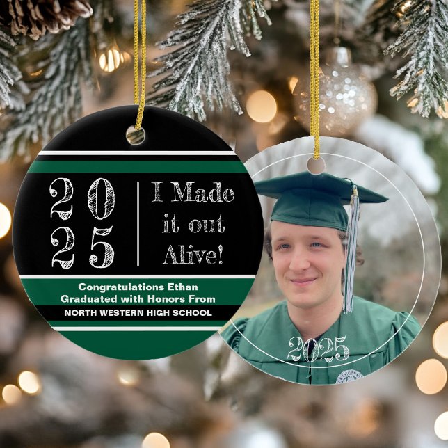 2025 Green and Black Photo Graduation Ceramic Ornament (2025 Green and Black Photo Graduation Ceramic Ornament)