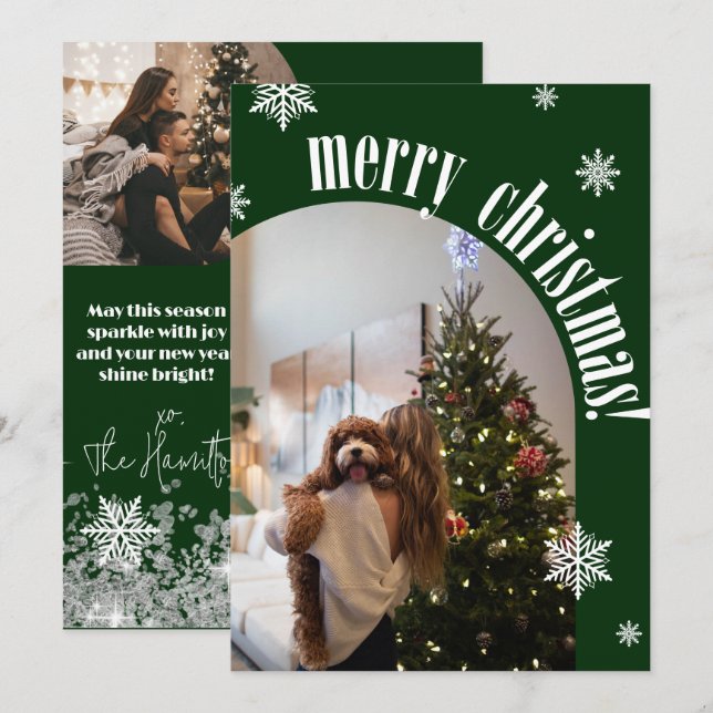 2025 Green Retro Merry Christmas Glitz Photo Card (Front/Back)