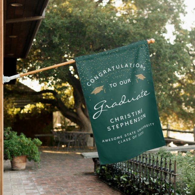 2025 Green White Gold Cap Graduation House Flag (In SItu)