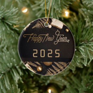 2025 Happy New Year Black Custom Gold Business Ceramic Ornament