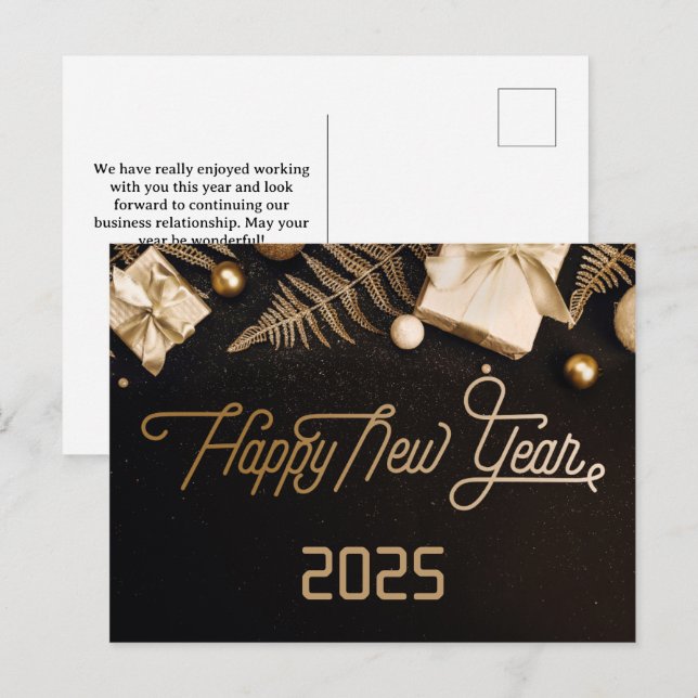 2025 Happy New Year  Black Custom Gold Business Holiday Postcard (Front/Back)