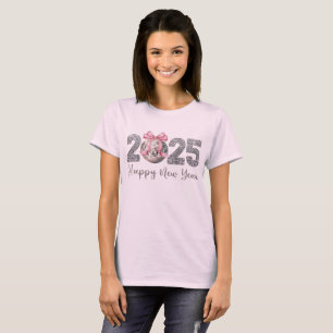 2025 Happy New Year Disco Ball Pink Bow T-Shirt