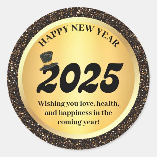 2025 happy new year gold black sparkles classic round sticker