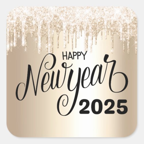 2025 happy new yeargold dripping glitters square sticker