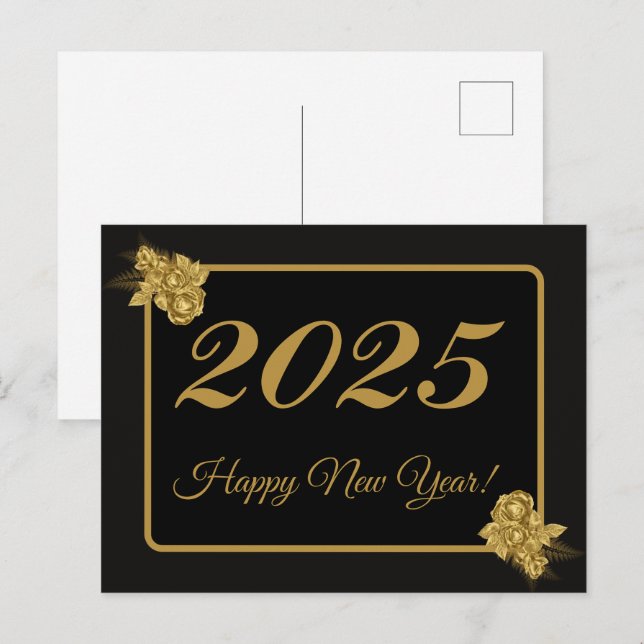 2025,Happy new year!gold flower & black background Postcard (Front/Back)