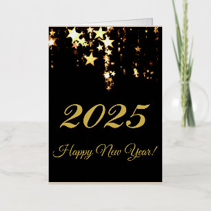 2025,Happy new year!gold stars & black background Foil Holiday Card
