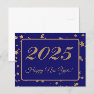 2025,Happy new year!gold stars & navy background Postcard