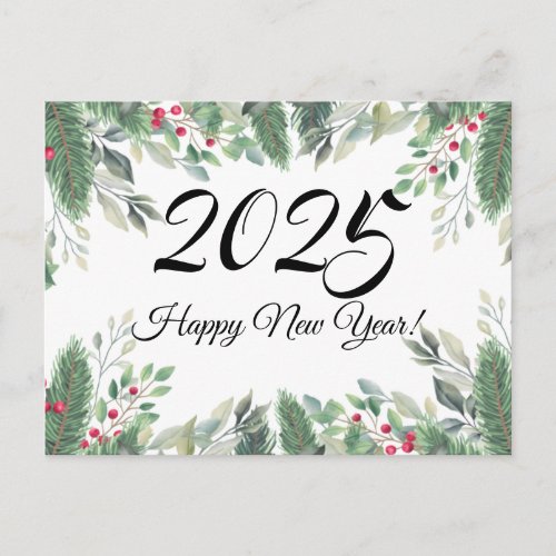 2025Happy new yearholiday greenery red berries  Postcard