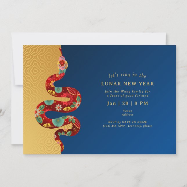 2025 Lunar New Year Of The Snake Blue Gold Modern Invitation (Front)