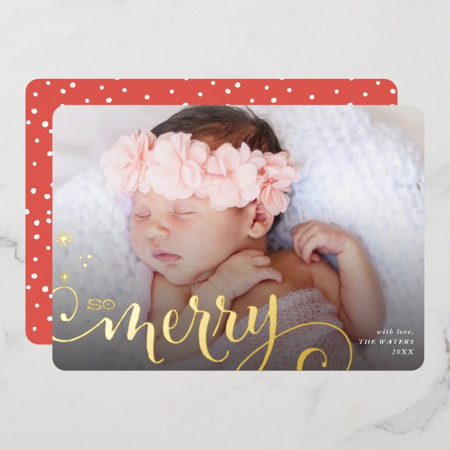 2025 MERRY PHOTO family fun calligraphy Foil Holiday Card (Front/Back)