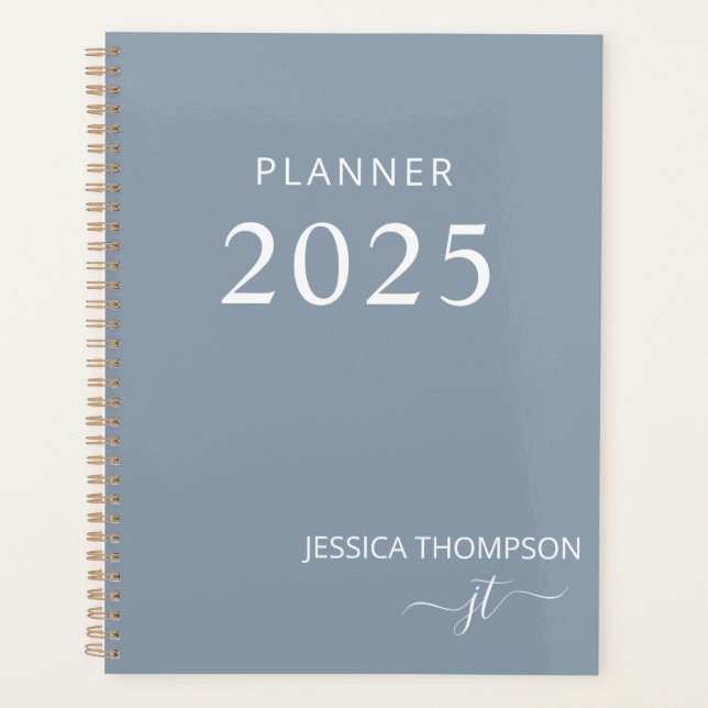 2025 Modern Girly Dusty Blue Monogram Name Planner (Front)