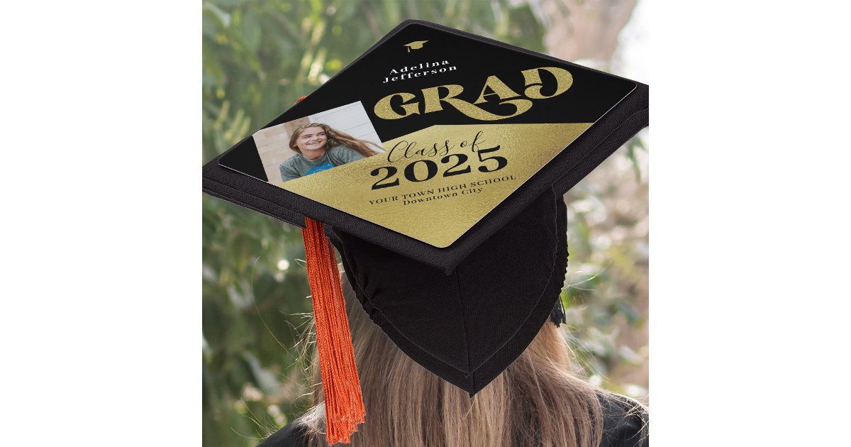 2025 Modern grad gold glitter photo school year Graduation Cap Topper ...