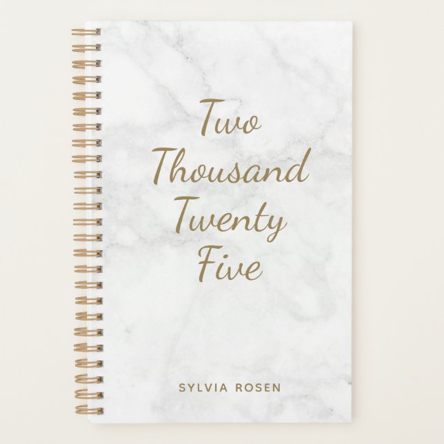 2025 Modern Gray White Marble Personalized Planner (Front)