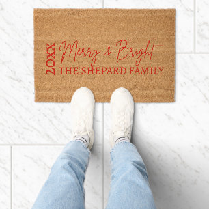 2025 Modern Merry and Bright Red Pink Christmas Fiber Doormat