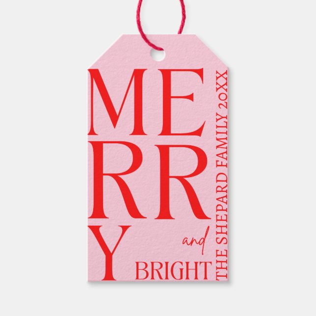 2025 Modern Merry and Bright Red Pink Christmas Gift Tags (Front)