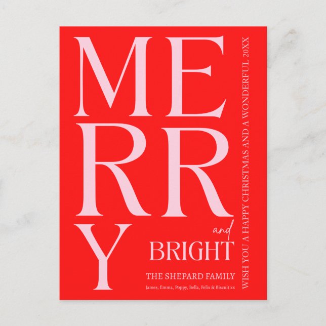 2025 Modern Merry and Bright Red Pink Christmas Holiday Postcard (Front)