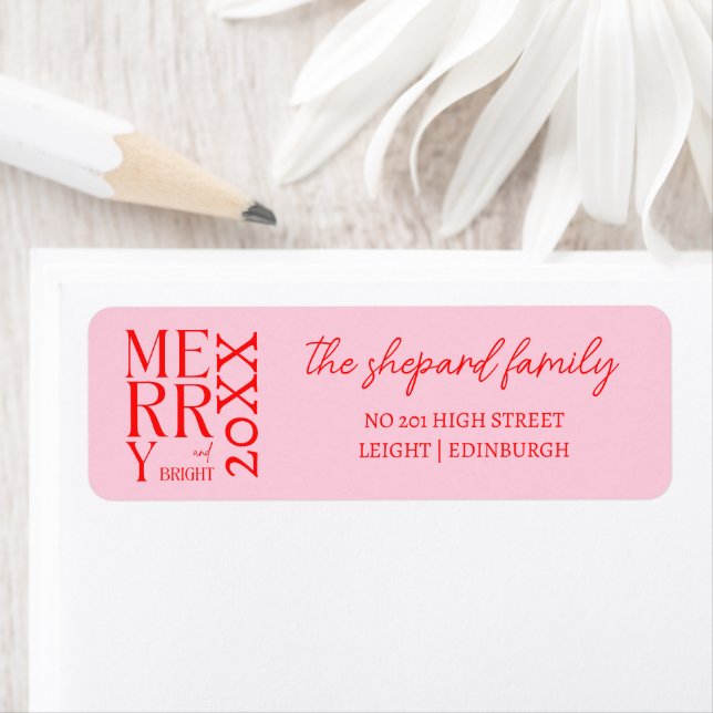 2025 Modern Merry and Bright Red Pink Christmas Label (Insitu)