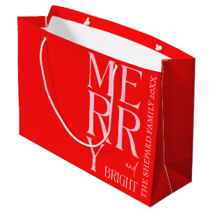 2025 Modern Merry and Bright Red Pink Christmas Large Gift Bag