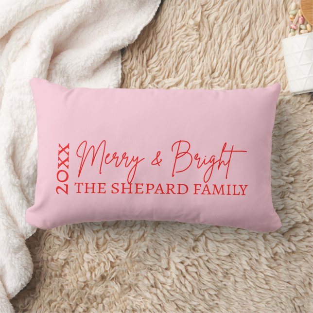 2025 Modern Merry and Bright Red Pink Christmas Lumbar Pillow (Blanket)