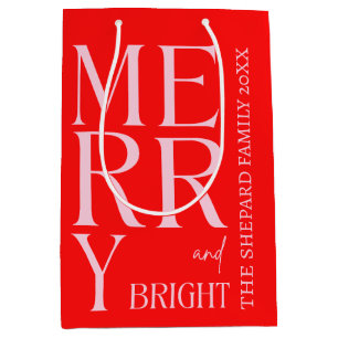 2025 Modern Merry and Bright Red Pink Christmas Medium Gift Bag