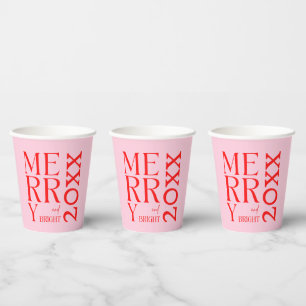 2025 Modern Merry and Bright Red Pink Christmas Paper Cups
