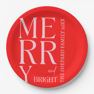 2025 Modern Merry and Bright Red Pink Christmas Paper Plates