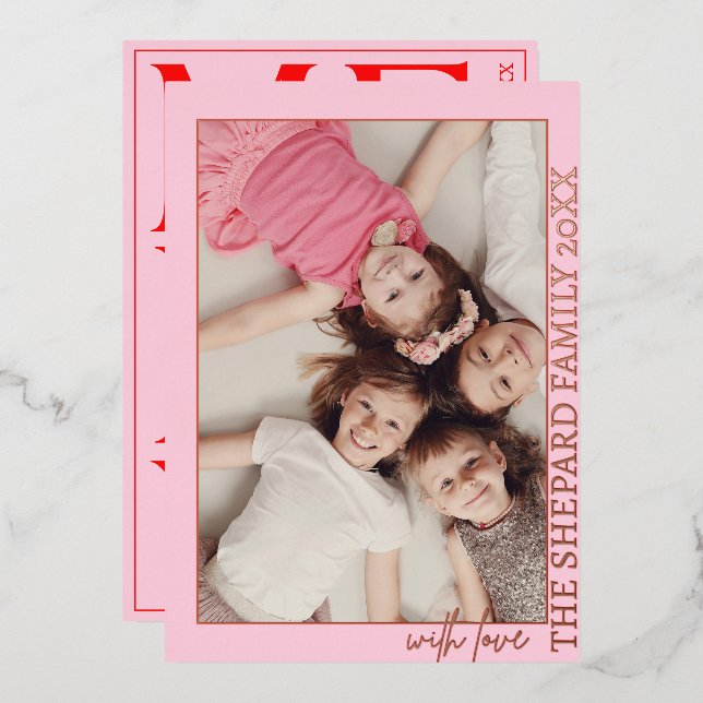 2025 Modern Merry Bright Red Pink Christmas Photo Foil Invitation (Front/Back)