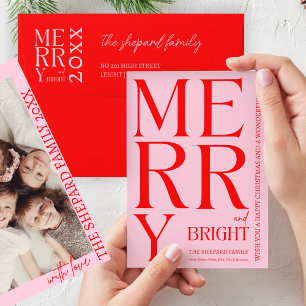 2025 Modern Merry Bright Red Pink Christmas Photo Invitation
