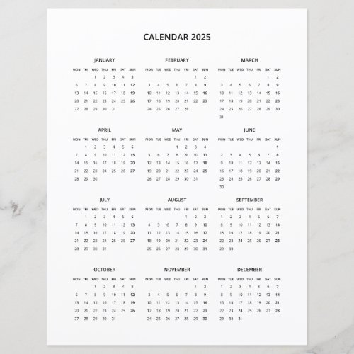 2025 Modern Minimalist Printable Calendar in Black