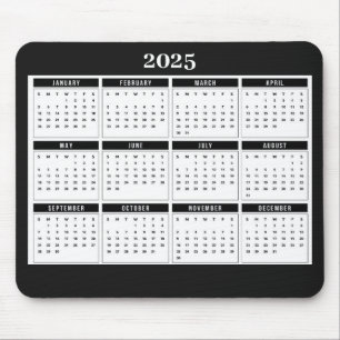 2025 Monthly Calendar Modern Black White  Mouse Pad