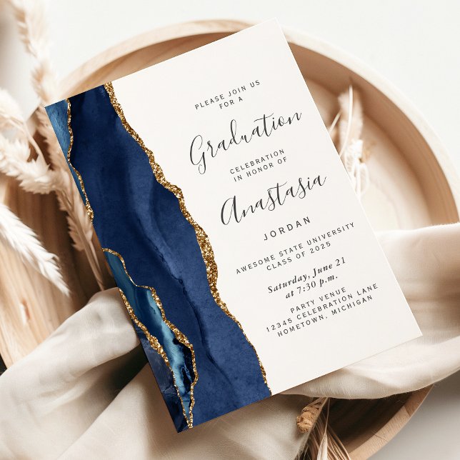 2025 Navy Blue Gold Agate Graduation Invitation (Creator Uploaded)