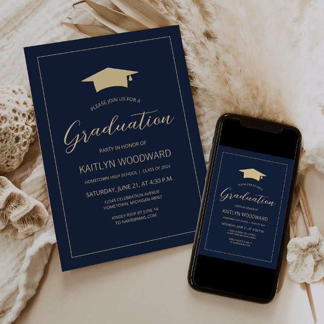 2025 Navy Blue Gold Cap Modern Graduation Party Invitation (Creator Uploaded)