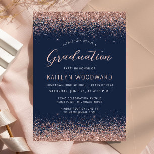 2025 Navy Blue Rose Gold Glitter Graduation Party Invitation