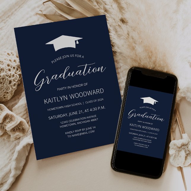 2025 Navy Blue White Cap Modern Graduation Party Invitation (Creator Uploaded)