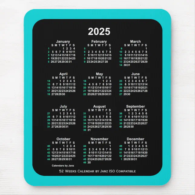 2025 Neon 52 Weeks ISO Calendar by Janz Two Tone Mouse Pad Zazzle