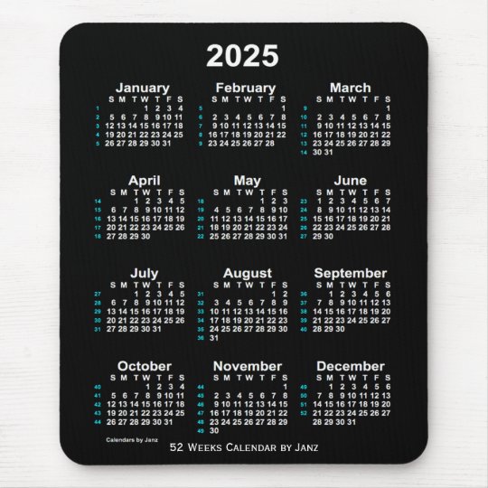 2025 Neon White 52 Week Calendar by Janz Mouse Pad