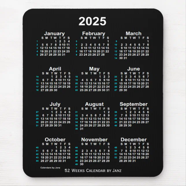 2025 Neon White 52 Week Calendar by Janz Mouse Pad Zazzle