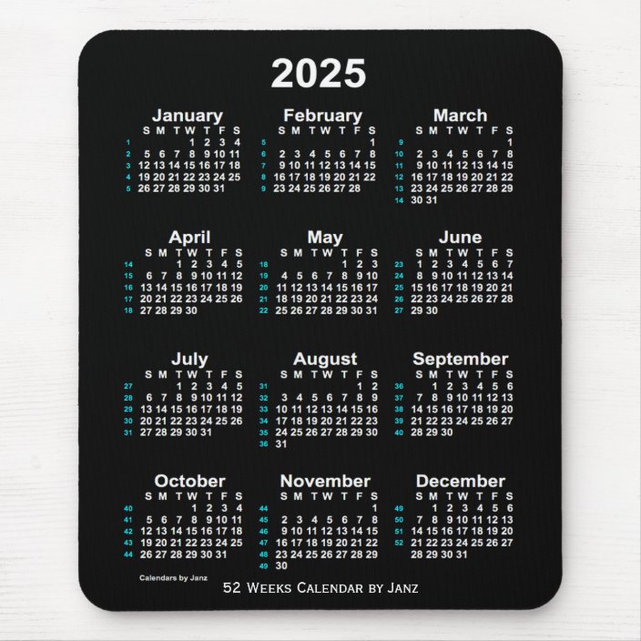 2025 Neon White 52 Week Calendar by Janz Mouse Pad | Zazzle.com