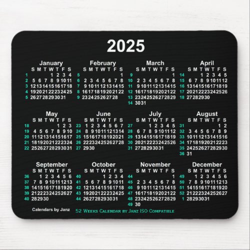 2025 Neon White 52 Weeks ISO Calendar by Janz Mouse Pad
