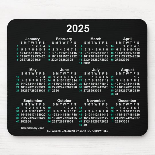 2025 Neon White 52 Weeks ISO Calendar by Janz Mouse Pad